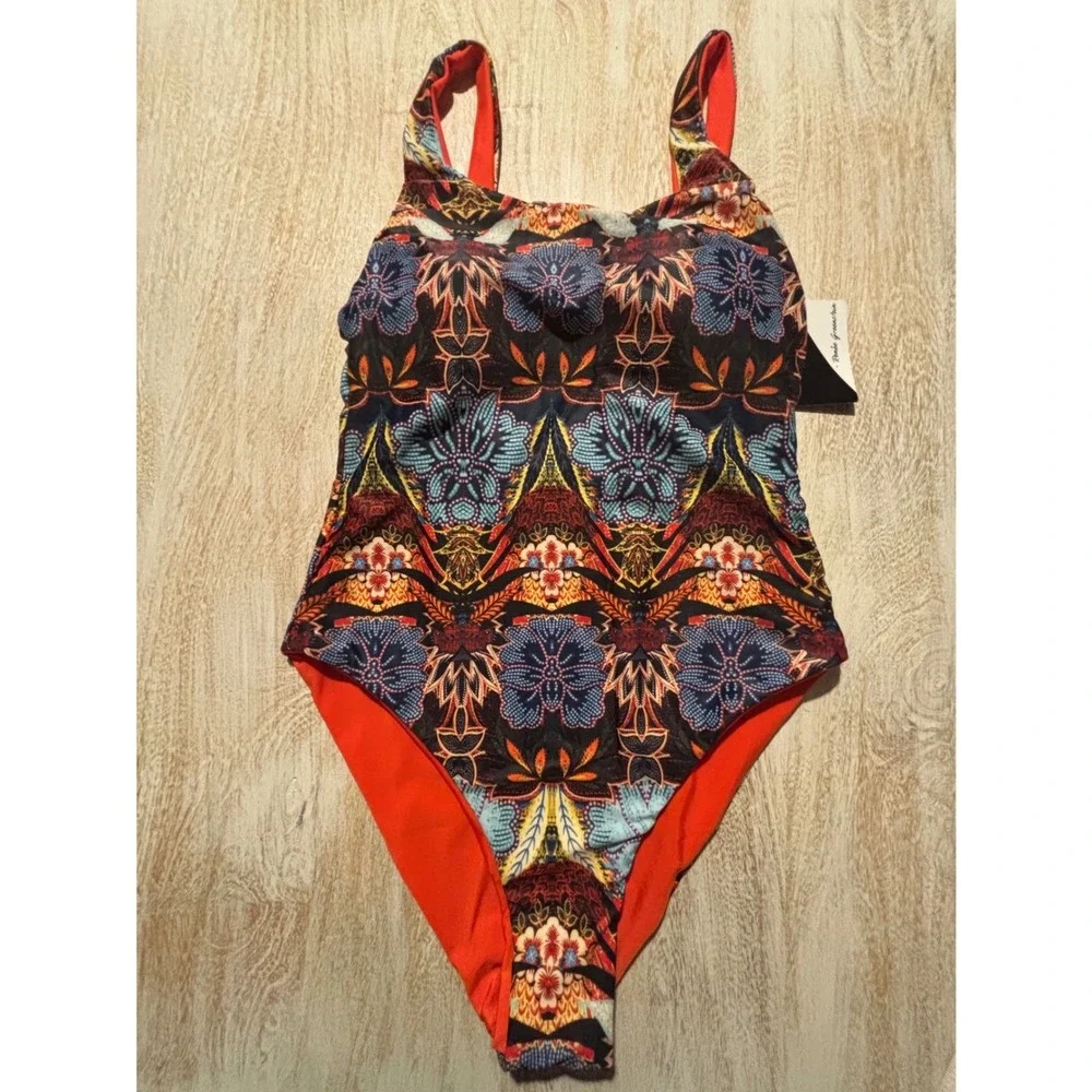 NWT Attitudes by Renee‎ One Piece Swimsuit Womens XS Orange Reversible Floral